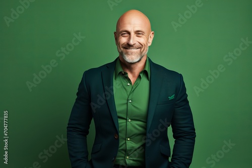 Portrait of a happy mature man in a green suit on a green background.