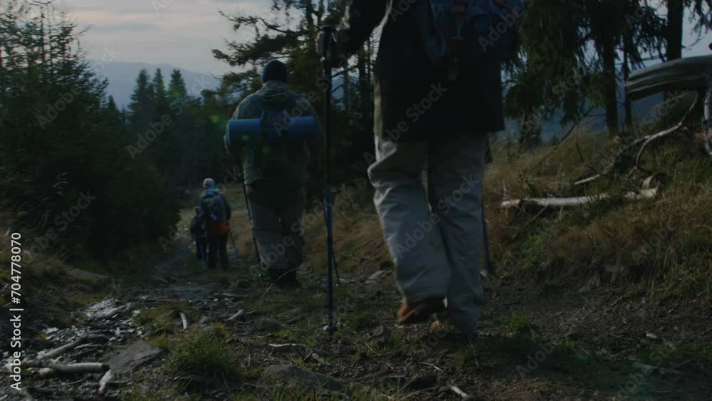 Back view of diverse tourists with backpacks and trekking poles walking along trail on hill slope. Group of hikers or hiking buddies on autumn trip in mountains. Active leisure and tourism concept. Back view of diverse tourists with backpacks and trekking poles walking along trail on hill slope. Group of hikers or hiking buddies on autumn trip in mountains. Active leisure and tourism concept.