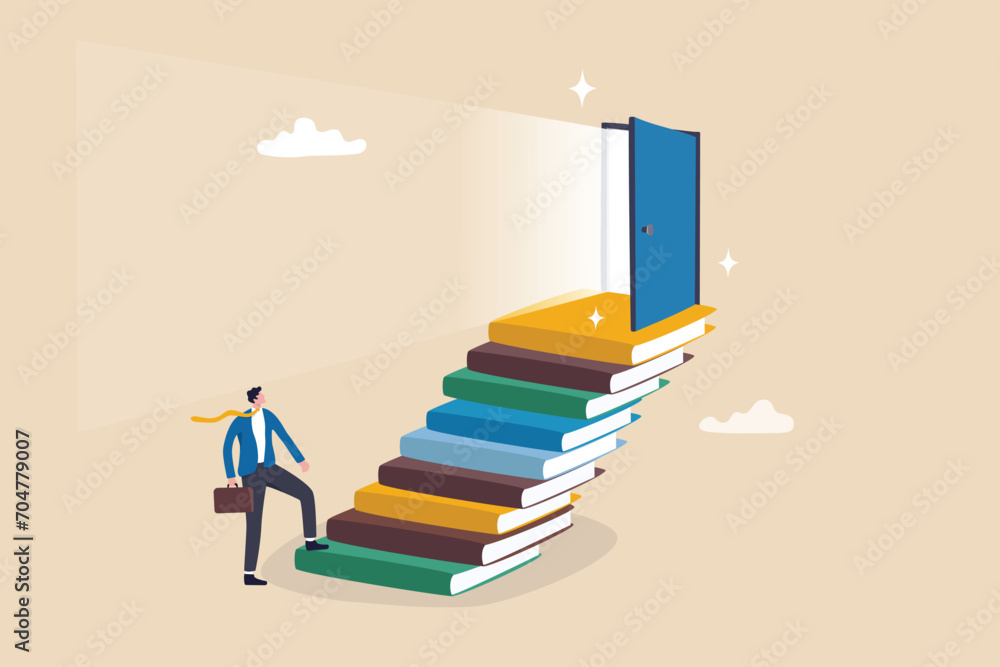 Education or learning for new opportunity, wisdom or knowledge to open door to success, solution, growth or career learning concept, businessman climb up book stack stair to reach opportunity door. Education or learning for new opportunity, wisdom or knowledge to open door to success, solution, growth or career learning concept, businessman climb up book stack stair to reach opportunity door.