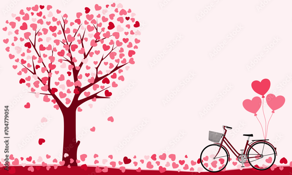 Valentine background with love heart leaves tree and bicycle. Vector Illustration.