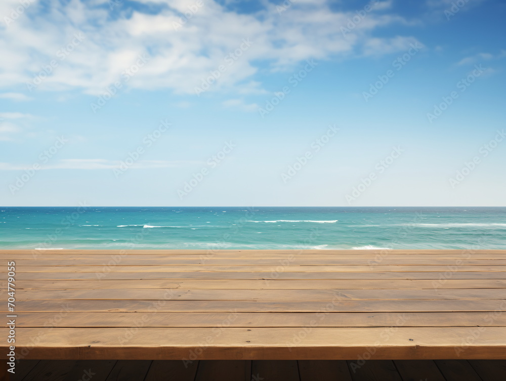 Blue Ocean and Sky Over Wooden Deck