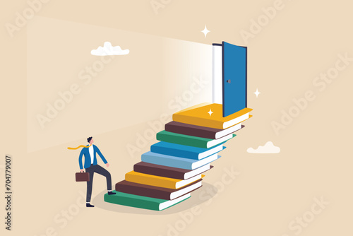 Education or learning for new opportunity, wisdom or knowledge to open door to success, solution, growth or career learning concept, businessman climb up book stack stair to reach opportunity door.