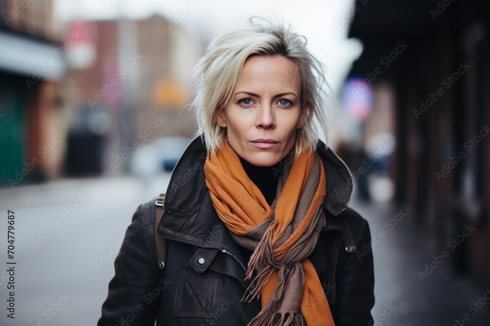 Portrait of a beautiful blonde woman in a city street wearing a scarf