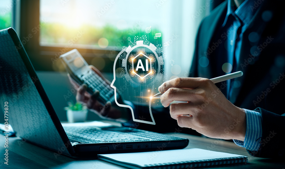 AI tech enhances businesses by processing data, improving decision-making, developing innovative products, automating processes, and boosting competitiveness. future technology - obrazy, fototapety, plakaty 