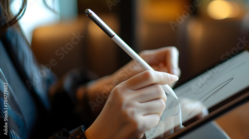 Business woman using stylus pen on digital tablet at office photo