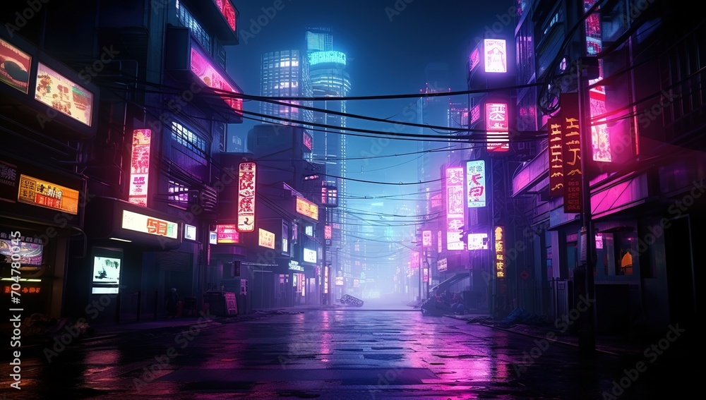 City street in cyberpunk style with neon lights and rain