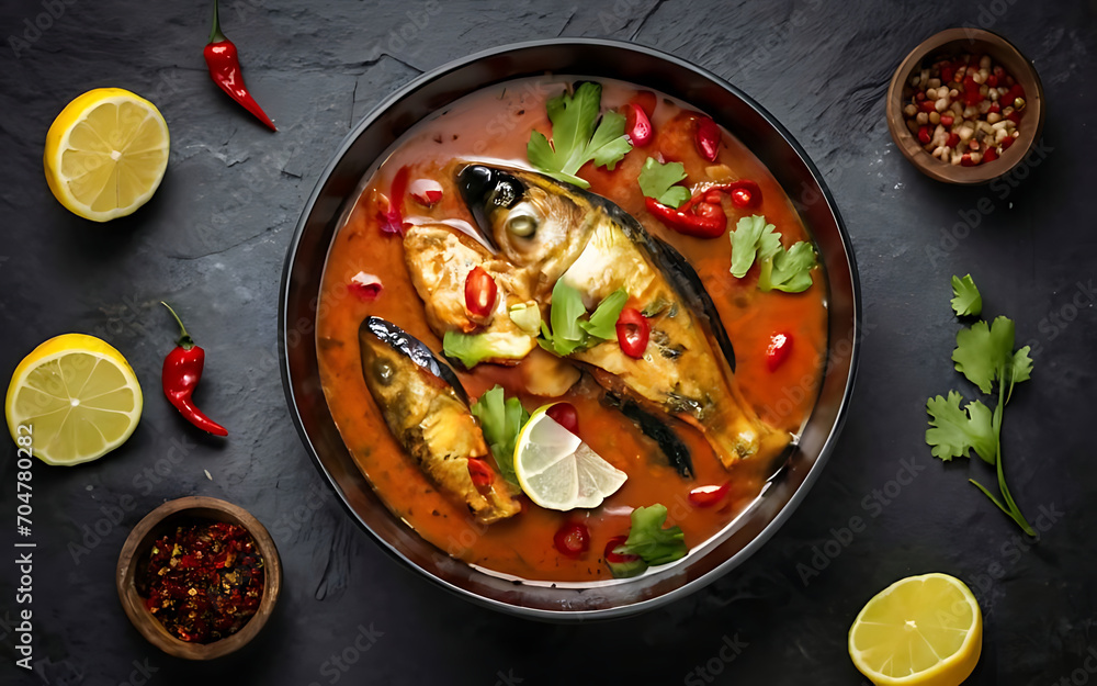 Capture the essence of Fish Curry in a mouthwatering food photography shot