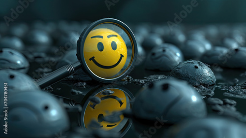 A magnified smiley face. Perfect for cheerful, positive concepts. Ideal for social media, presentations, and designs related to happiness, optimism, and positivity.