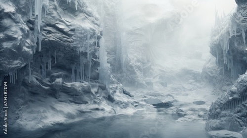  a stream of water surrounded by ice covered rocks and ice hanging from the side of a cliff in the middle of a snowy landscape.