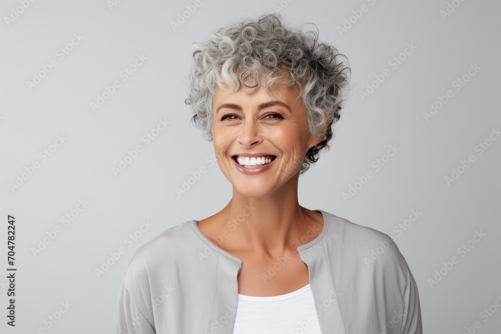 Cheerful senior woman looking at camera and smiling while standing against grey background Cheerful senior woman looking at camera and smiling while standing against grey background