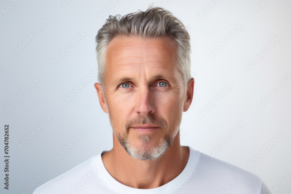 Portrait of a handsome mature man with grey hair and beard looking at camera while standing against grey background