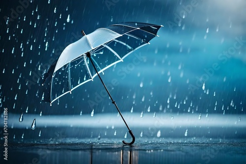 Compose an engaging visual concept of rainy weather by featuring a transparent umbrella with raindrops against a water drop splash background, capturing the tranquility and beauty of a wet day.