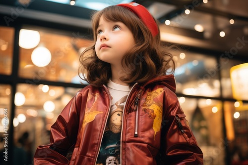 Portrait of a little girl in a red jacket and a red cap.