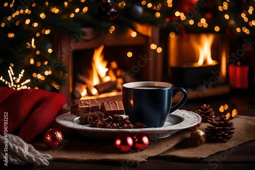 Craft a delightful winter composition with a cup of hot cocoa or hot chocolate on a knitted surface, enhanced by the festive glow of a fire tree and a charming snow effect.