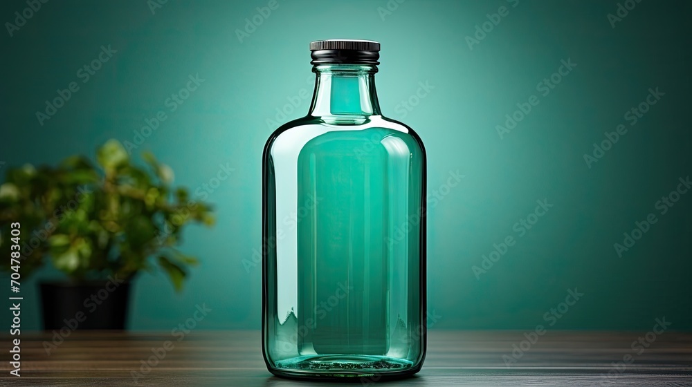 A bottle with green leaves on dark background, natural cosmetics concept A bottle with green leaves on dark background, natural cosmetics concept