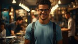 Portrait of handsome African-American man smiling while standing in pub