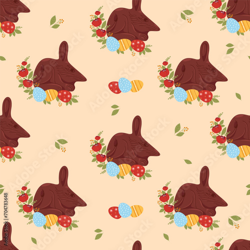 Easter Seamless pattern with chocolate bilby. Cute Australian animal with paschal egg and flowers on beige peach background. Vector festive illustration for design, wallpaper, packaging, textile
