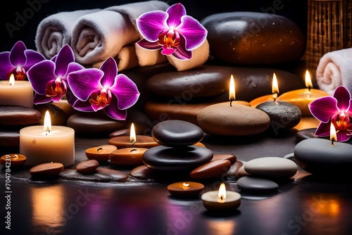 Compose a wellness haven by arranging massage stones  vibrant orchid flowers  soft towels  and the warm ambiance of carefully placed burning candles.