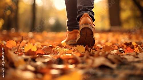 Cinematic close-up, a person's shoes stepping on autumn leaves photo