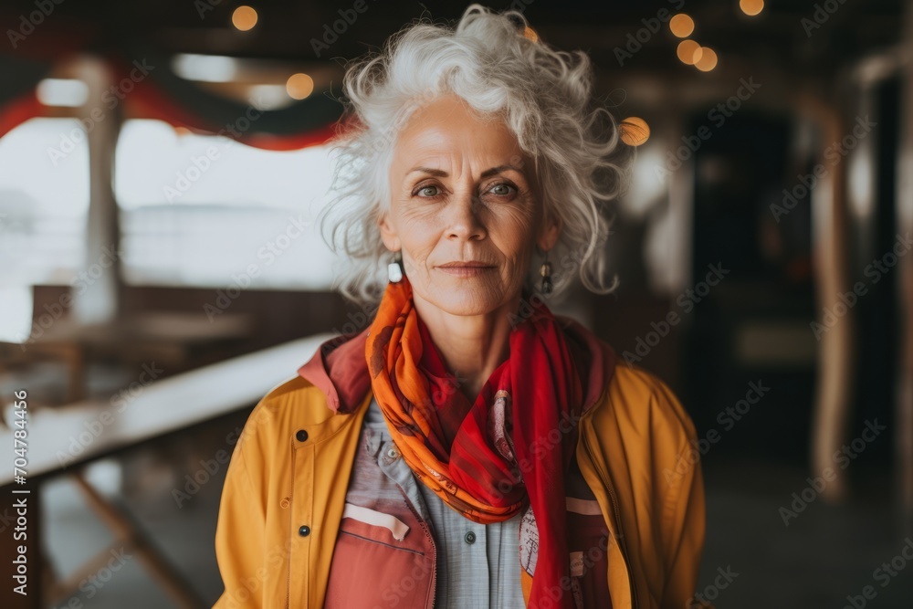 Portrait of a senior woman with grey hair and red scarf in a cafe.