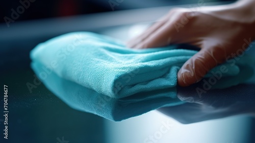 Stock photo capturing the detailed close-up of a person's hand using a microfiber cloth to clean a spotless glass surface, hyper-realistic treatment photo