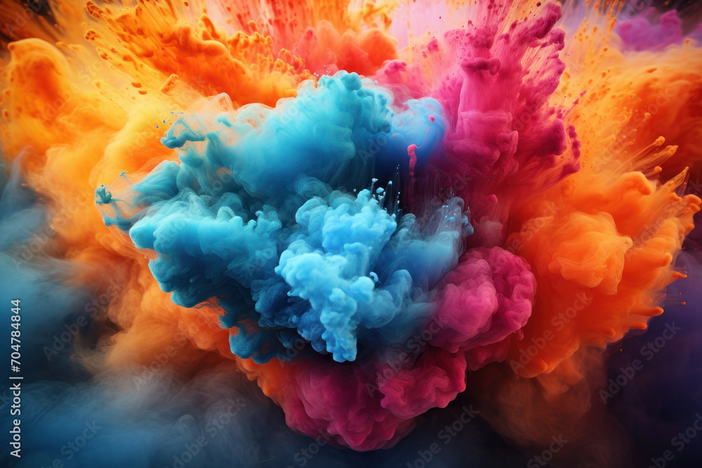 Fototapeta premium Colorful powder burst isolated against a black backdrop. The vivid explosion is AI Generative.