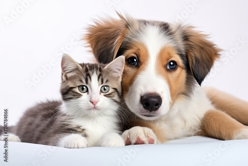 Lovely retriever pup and ginger kitten posing together, symbolizing care and togetherness. AI Generative. © Alisa
