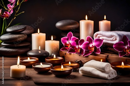 Craft a tranquil beauty treatment scene by incorporating massage stones, beautiful orchid flowers, fluffy towels, and the calming glow of burning candles.