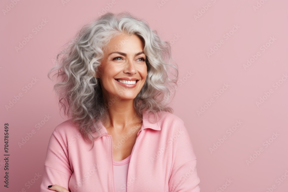 Portrait of a happy senior woman with grey hair, over pink background Portrait of a happy senior woman with grey hair, over pink background