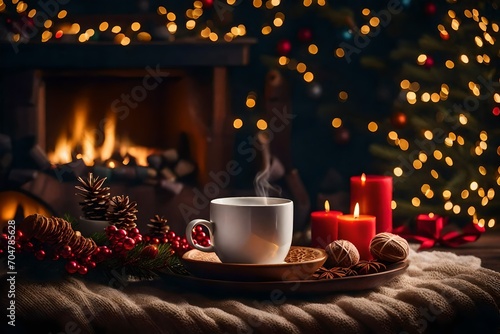 Illustrate the joy of winter evenings with a cup of hot cocoa or hot chocolate on a knitted background, accompanied by the radiant glow of a fire tree and a subtle touch of snowy charm.