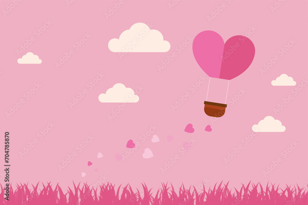 illustration of love and Valentine's Day, hot air balloon flies over the grass with heart floating on the sky. paper art and digital craft style.