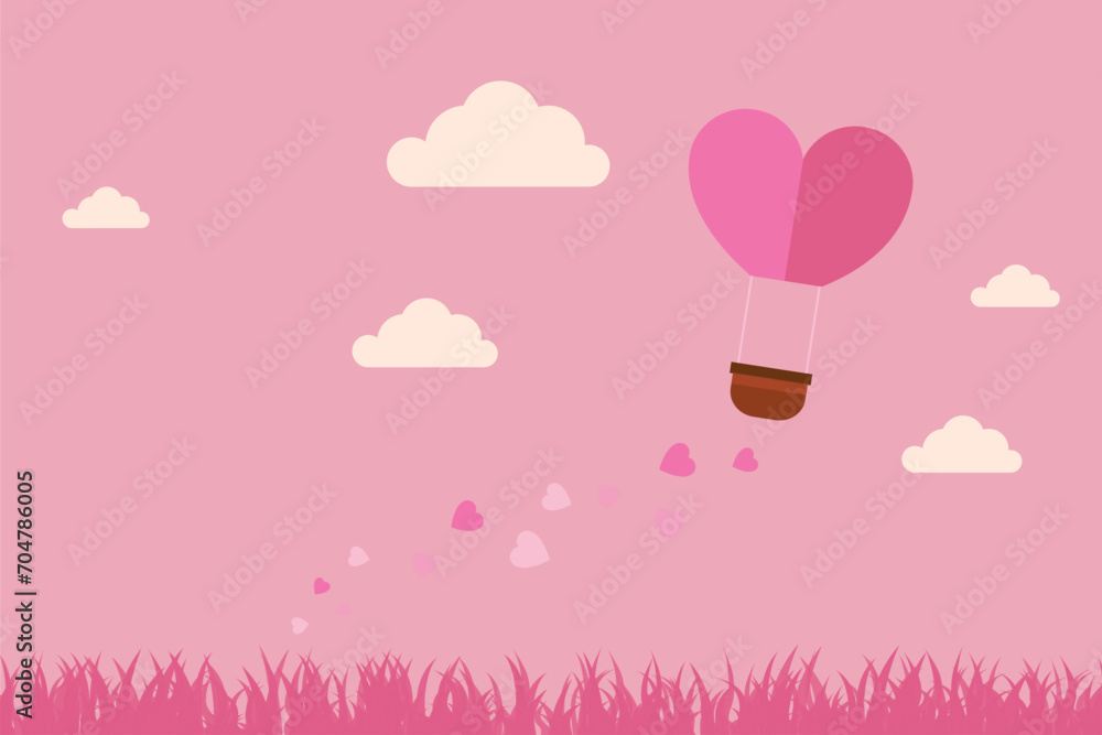 illustration of love and Valentine's Day, hot air balloon flies over the grass with heart floating on the sky. paper art and digital craft style.