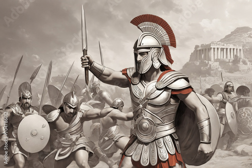 Draw the heroic Athenian warrior in battle during an ancient Greek war. Generative AI