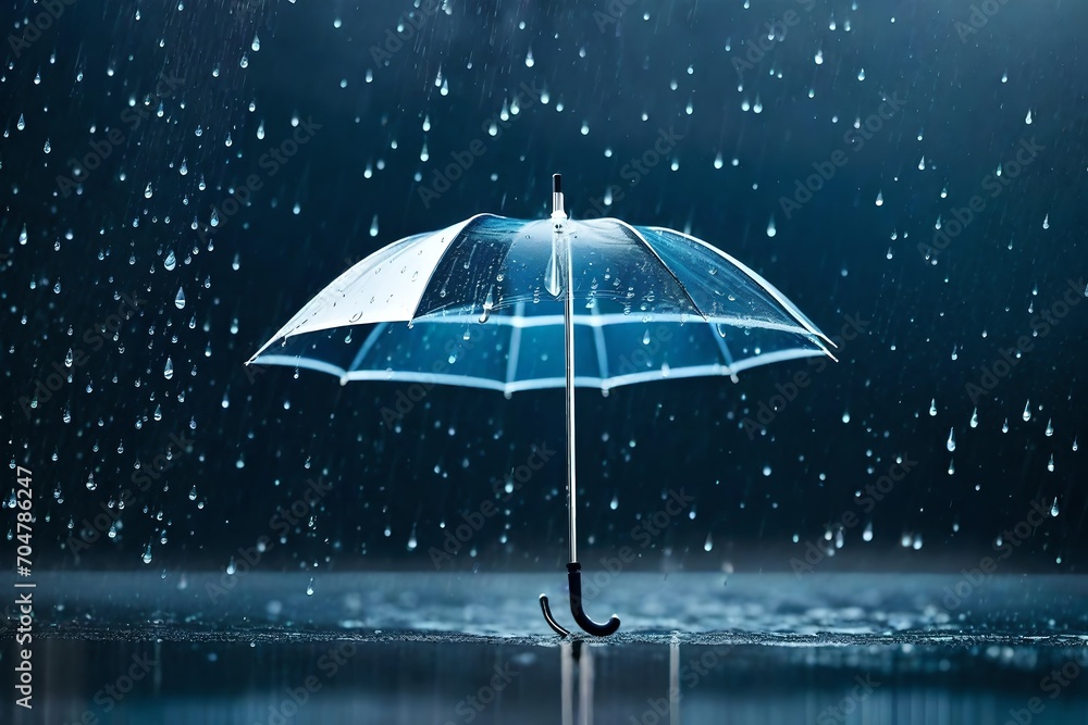 Design a captivating rainy weather scene with a transparent umbrella and raindrops against a water drop splash background, portraying the beauty and serenity of a wet and refreshing day.