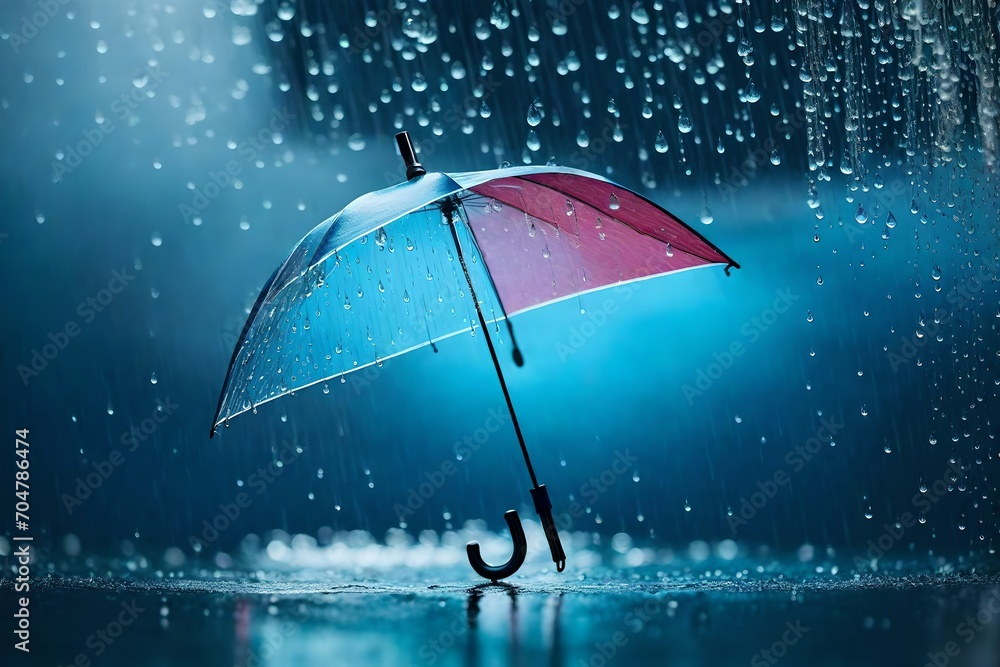 Illustrate the magic of a rainy day with a transparent umbrella capturing raindrops against a water drop splash background, creating a visually appealing concept that embraces the charm of wet weather