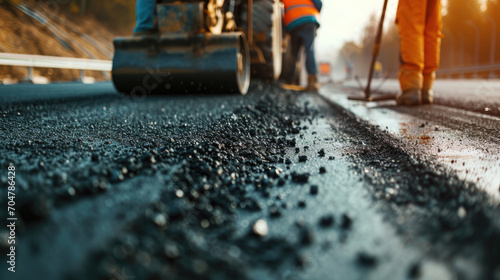 asphalt pavement workers working on asphalt road,Construction site is laying new asphalt road pavement,road construction workers and road construction machinery scene © Planetz
