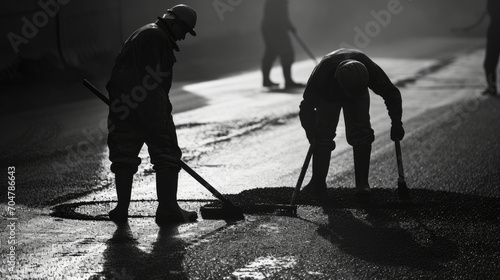 asphalt pavement workers working on asphalt road,Construction site is laying new asphalt road pavement,road construction workers and road construction machinery scene photo
