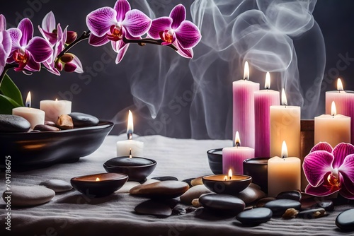 Compose a wellness haven by arranging massage stones  delicate orchid flowers  neatly folded towels  and the warm ambiance of carefully placed burning candles.