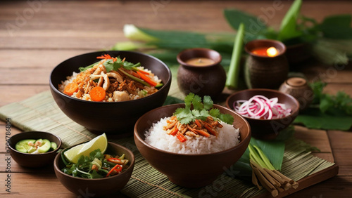 Showcase the natural beauty of Rice Thai Food against the backdrop of a wooden table highlight the fresh, locally sourced ingredients that play a crucial role in creating these delicious and visually 
