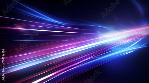 Abstract technology futuristic glowing blue and purple light lines with speed motion blur effect on dark blue background. Vector illustration © Aina Tahir