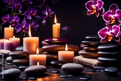 Compose a serene spa ambiance with a background featuring massage stones  orchid flowers  towels  and flickering candles for a wellness-themed setting.