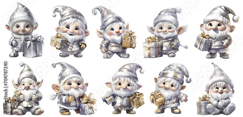 Set of cute Gnome with Gift box Clipart Sticker, generated ai
