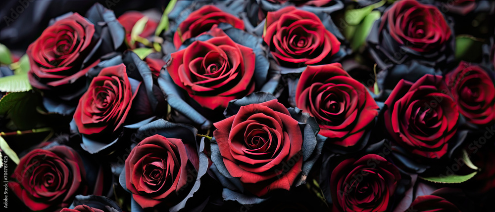 Black and dark red roses bouquet. Generative AI. Black and dark red roses bouquet. Generative AI.