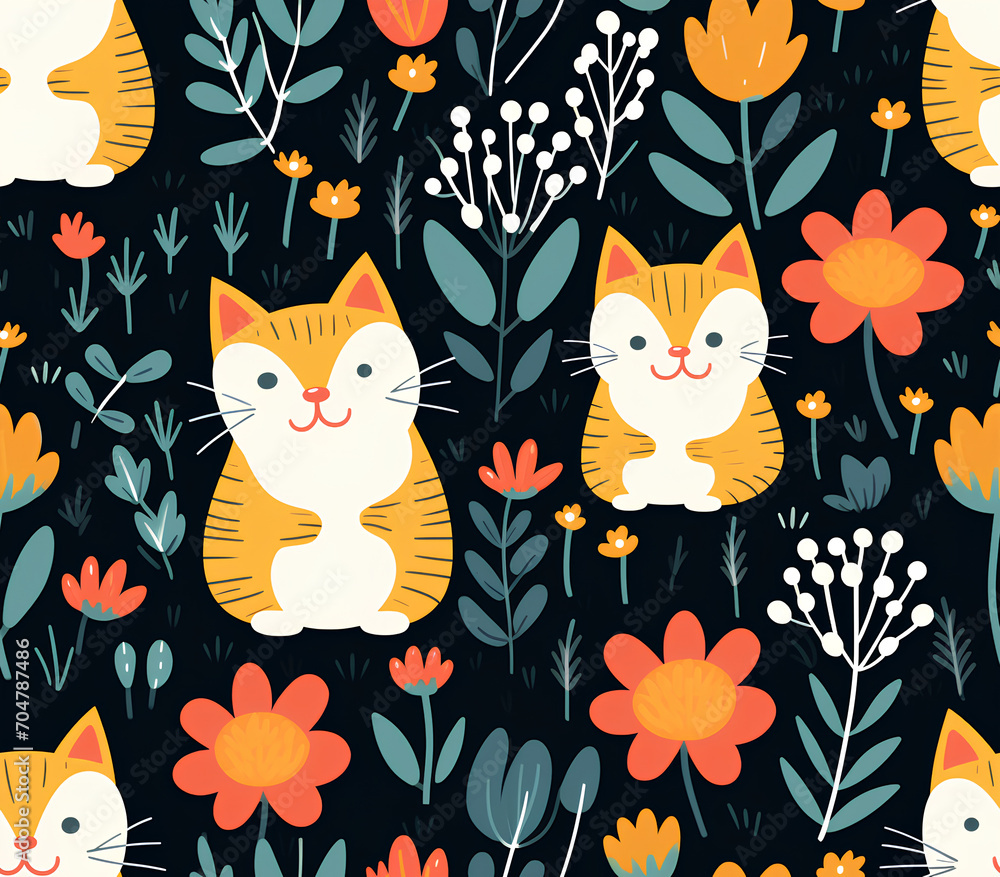 Seamless pattern with cat and flowers cartoon 