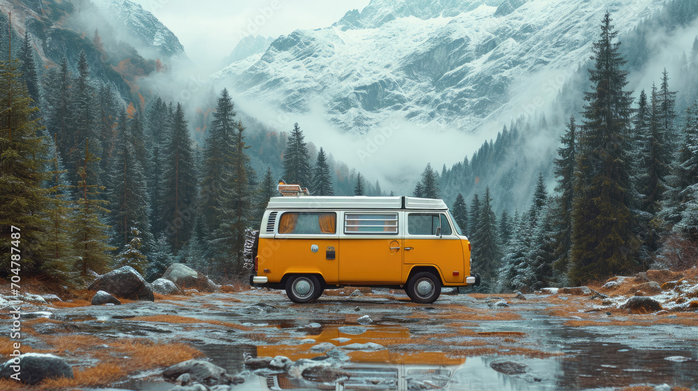 Van parked in snow near mountains, depicts a snowy landscape with a van, suitable for winter travel, adventure, and outdoor recreation designs, or as a background for seasonal promotions.