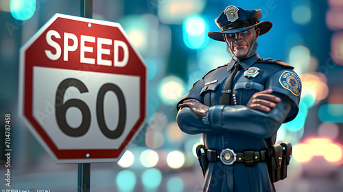 Policeman standing by a 60 mph speed limit sign at night with city lights in the background. photo