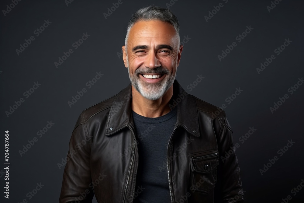 Portrait of a handsome middle-aged man wearing a black leather jacket. Portrait of a handsome middle-aged man wearing a black leather jacket.