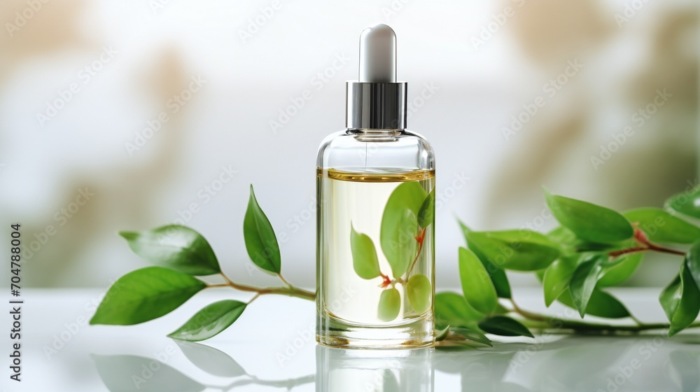 glass bottle of cosmetic serum with a branch with green leaves on a light background glass bottle of cosmetic serum with a branch with green leaves on a light background