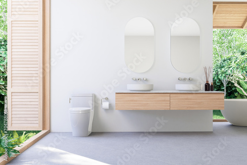 Minimal loft style modern contemporary bathroom with tropical garden view 3d render