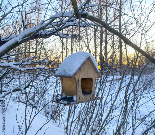 Billede på lærred A wooden bird feeder is suspended from a tree branch in a winter forest